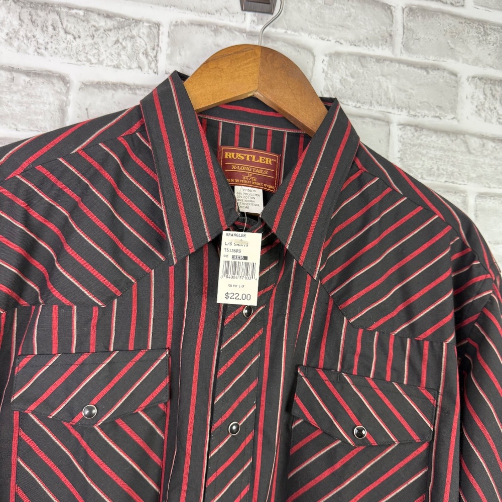 Wrangle Rustler Black & Red Striped Pearl Snap Western Shirt Mens 18 X-Long Tail - Picture 2 of 8